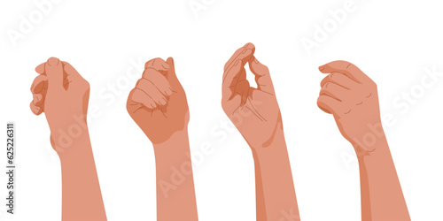 Set of isolated human hands, palm and fingers laid in gestures of holding or giving something. You need it for brochures, booklets where hand holds object, note or speech bubble. Vector illustration.