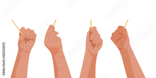 Human hands holding object on stick set. Man or woman palm can holding anything you want. Design element for booklets, banners, advertising. Realistic anime style. Vector illustration.