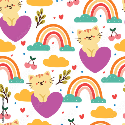 seamless pattern cartoon cat, purple heart and sky element. cute animal wallpaper for textile, gift wrap paper