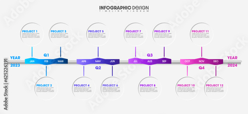 Creative timeline business presentation for 1 year 12 months infographic timeline design.Business ideas with 12 options, steps or processes.Vector illustration.