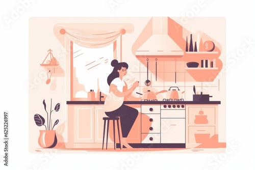 A woman is sitting on a table in the kitchen. architecture illustration with furniture and interior