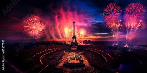 Eiffel tower and fireworks in Paris France, illustration for Olympic games in summer 2024 imagined by AI generative - not the actual event photo