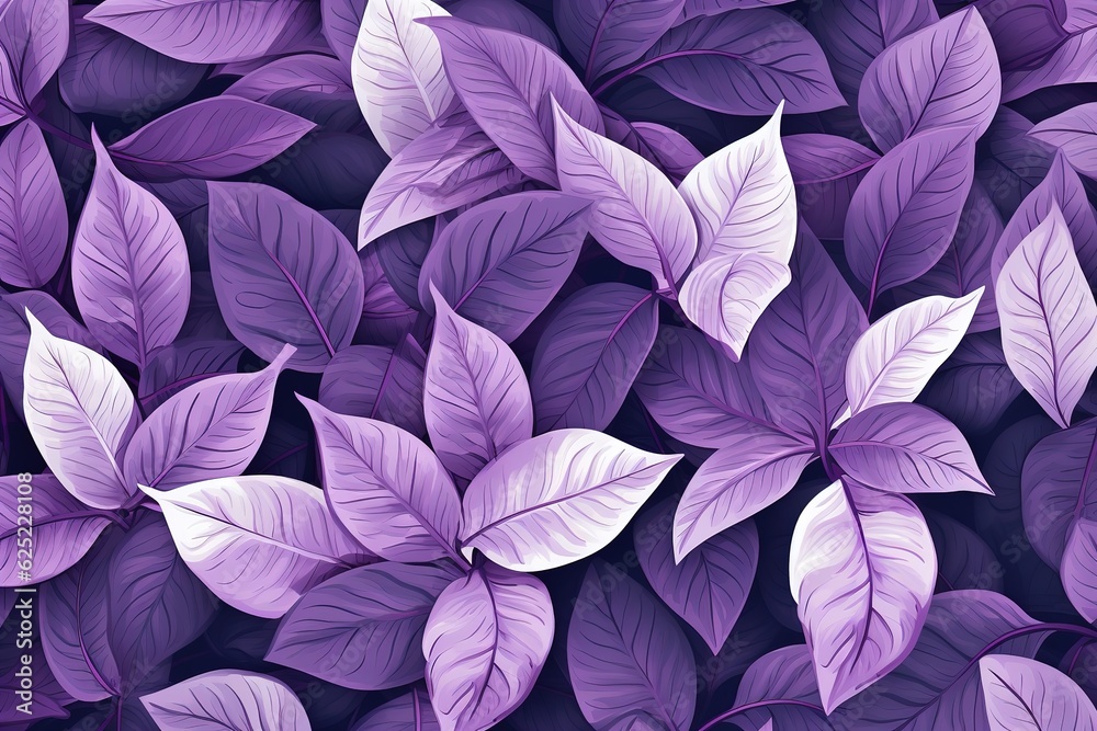 Tropical leaves with white frame, abstract purple leaves, small green leaves, natural purple background