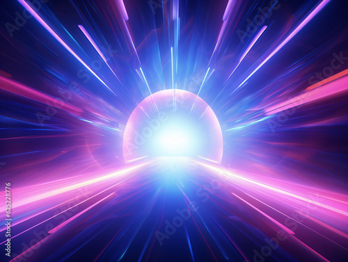 An Abstract Portal Tunnel Featuring Glowing Pink and Blue Neon Waves, High-Speed Moving Lines, and Dazzling Bokeh Lights Generative ai
