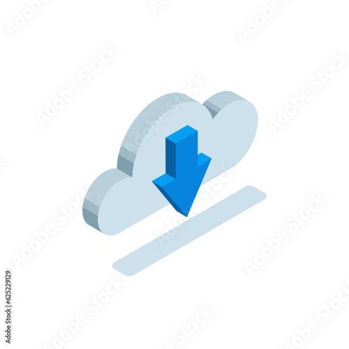 isometric cloud icon with down arrow in color on white background, uploading data from cloud storage