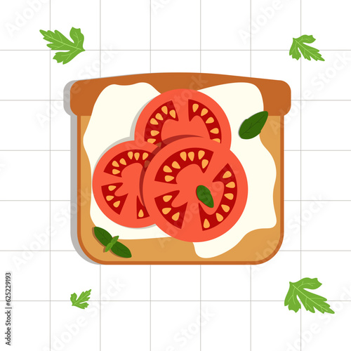 Simply drawn sandwich made of toast bread, curd cheese and slices of ripe juicy tomatoes with mint leaves