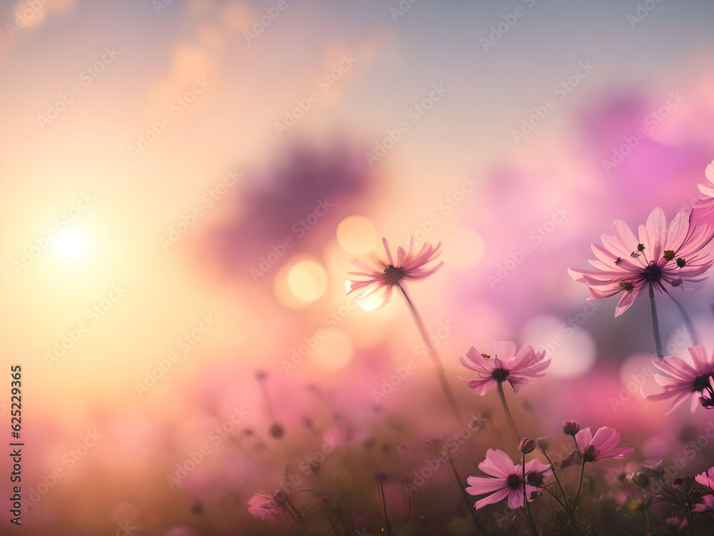 cosmos flowers field over blurred sunset background. AI Generated. cosmos flowers field over blurred sunset background. AI Generated.