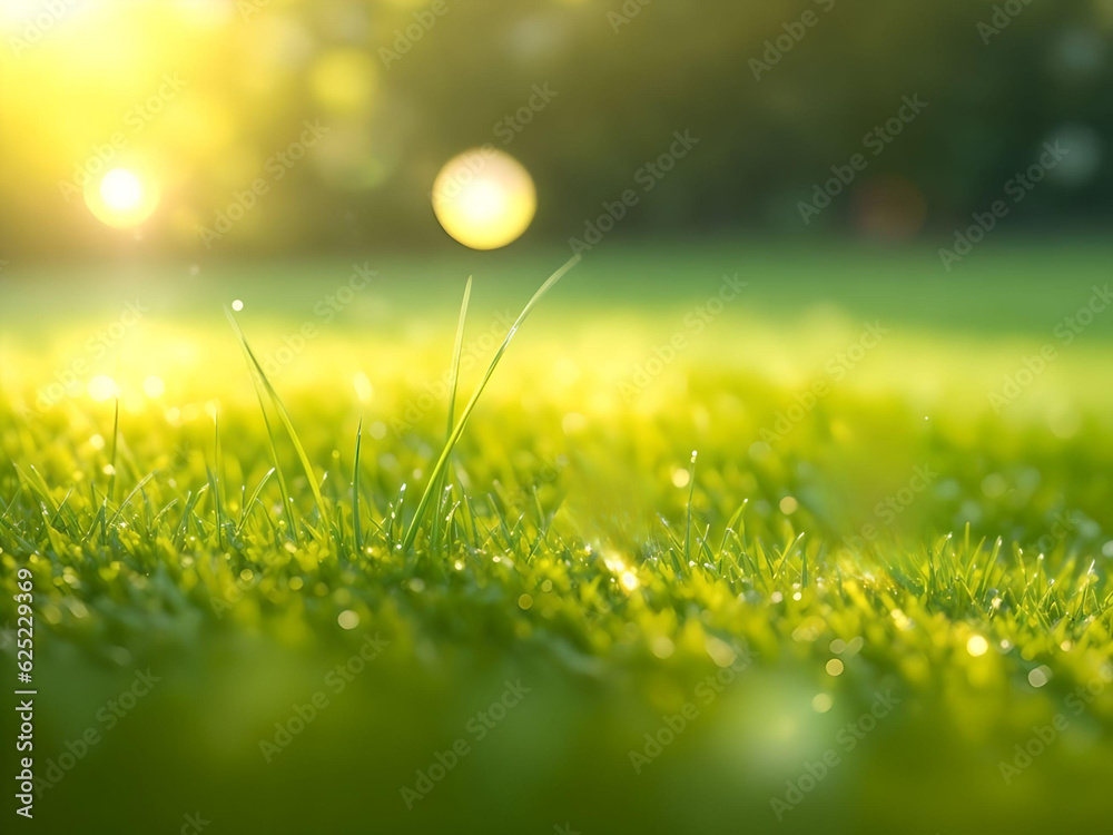 green grass  field with dew drop over blurred forest and warm light bokeh background. AI Generated.