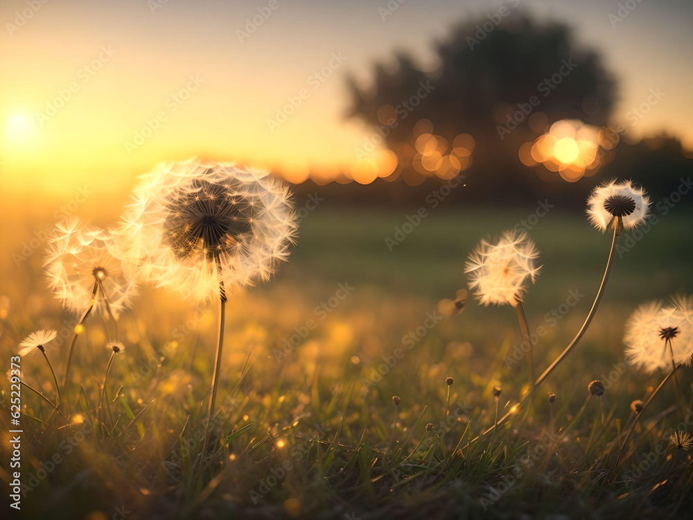 dandelion in the field over blurred sunset background. AI Generated.