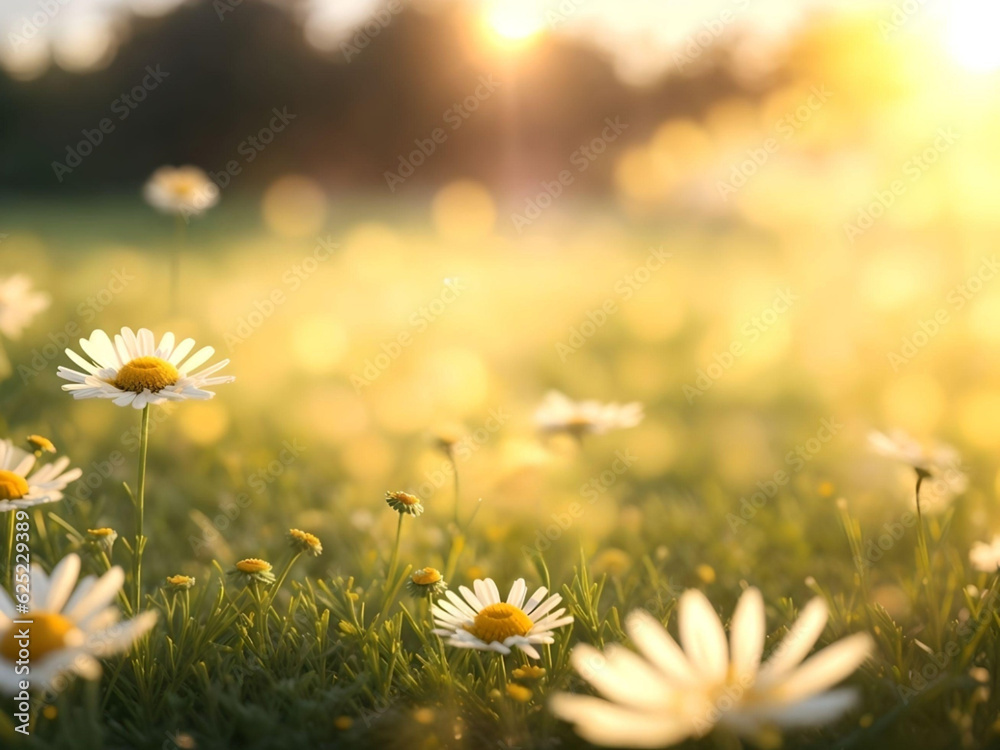 Chamomile flowers field over blurred sunset background. AI Generated. 