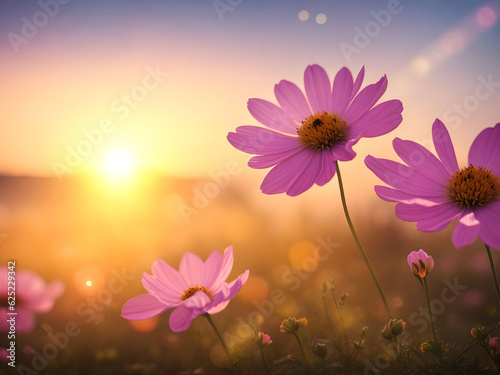 cosmos flowers field over blurred sunset background. AI Generated. 