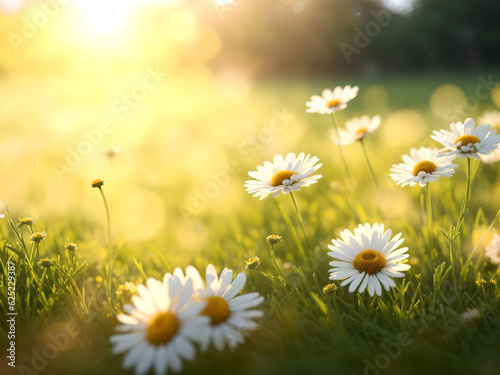 Chamomile flowers field over blurred sunset background. AI Generated. 