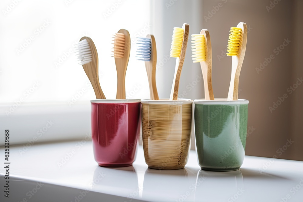 Glasses with wooden toothbrushes, close-up.
