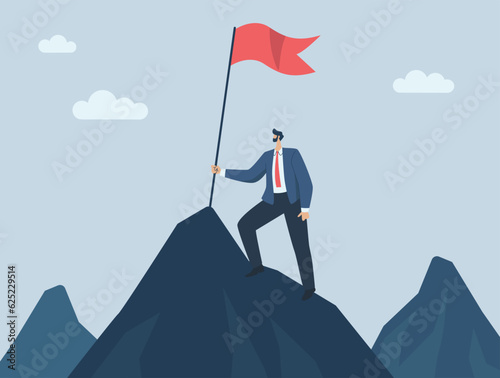 Strong businessman leading to success for organizations, Business leadership personality working to raise the flag of victory on the top of the highest mountain. Vector design illustration.
