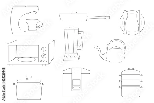 Kitchen utensils of electrical appliances located in the kitchen. Draw a black line on a white background.