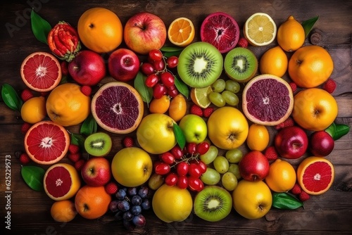 Fresh vitamin fruits and berries on a wooden table, top view.