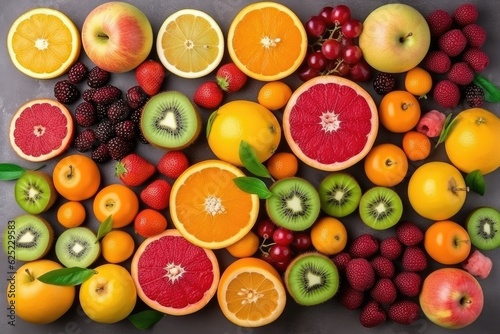 Fresh different berries and fruits on the table  top view.