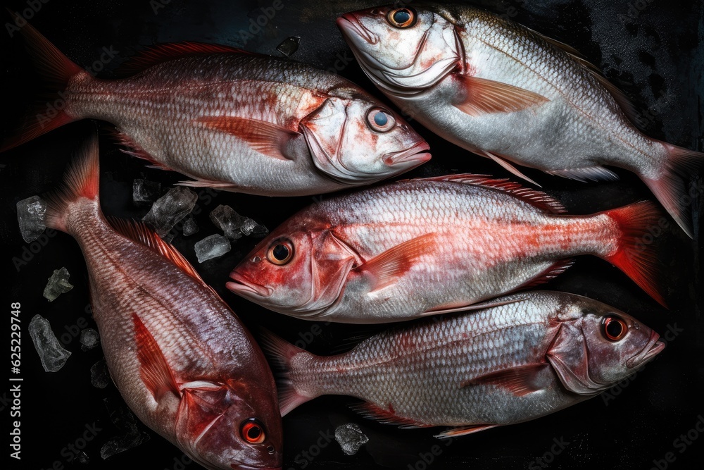 Fresh fish with ice on a black background. Fresh fish with ice on a black background.
