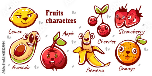 Vector cartoon characters fruits, lemon, cherry, strawberry, apple, banana and orange.