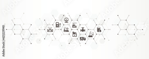 oil gas industry banner with the website icons and symbol of cogwheel, petrol, oil gas, thermometer, industry vector illustration with technology background
