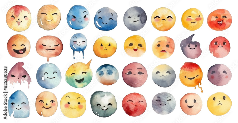 Collection of emoticons, smiley faces painted with watercolor. Set isolated on transparent white background