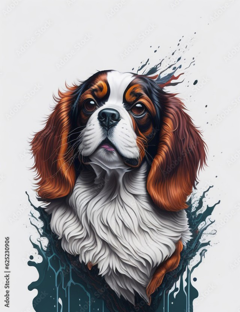 Fototapeta premium Cavalier King Charles Spaniel Dog white background Splash Art 1