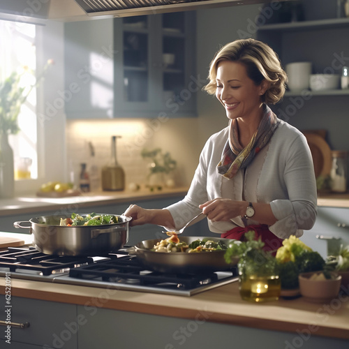 Beautiful woman cooking in the kitchen at home  preparing healthy food. Generative AI