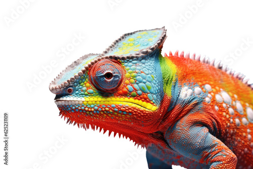 Abstract of lizard chameleon portrait isolated on white background with multi colored colorful on skin body and scales paint, reptile animal, Vibrant bright, with Generative AI.