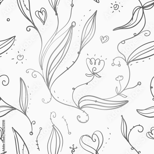Vector seamless pattern - silver fantasy leaves and lines. Outlines. Doodles. Boho. Elegant romantic design.
