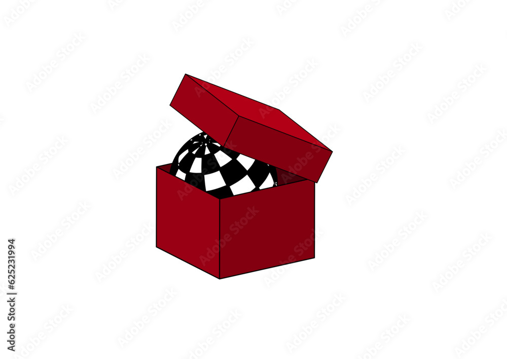 rote box als verpackung mit halb geöffnetem deckel enthält eine schwarz-weiß karierte kugel, 3d rote box als verpackung mit halb geöffnetem deckel enthält eine schwarz-weiß karierte kugel, 3d