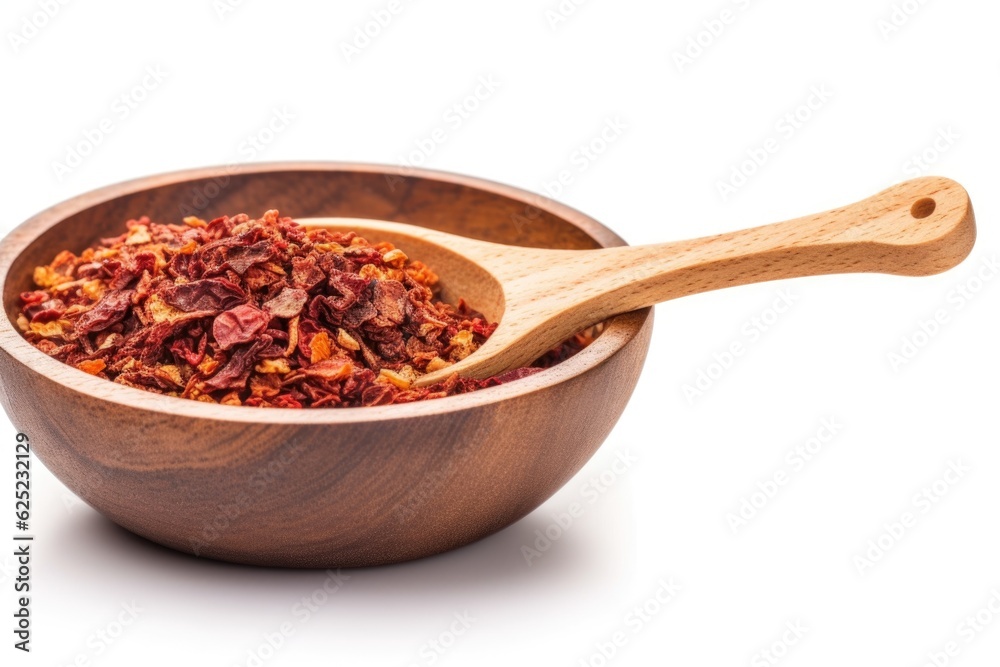 Cayenne dried pepper coarse powder in small wooden bowl on a white background Cayenne dried pepper coarse powder in small wooden bowl on a white background
