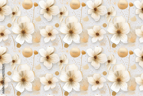 Natural seamless flower pattern. Light golden background with organic shapes. Abstract minimalist design.