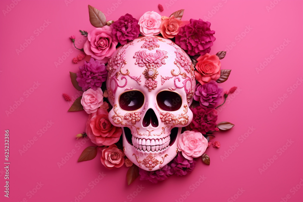 pink skull on pink background decorated with flower, generative ai