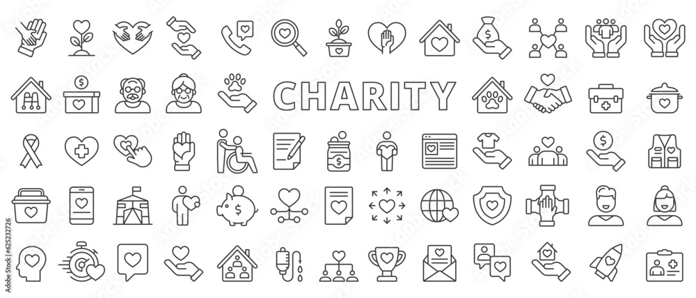 Charity icons set in line design. Donation, Volunteer, Helping, Care, Giving, love, Support, Philanthropy, protection, Charitable organization illustrations. Charity icons vector editable stroke.