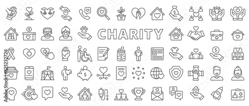 Charity icons set in line design. Donation, Volunteer, Helping, Care, Giving, love, Support, Philanthropy, protection, Charitable organization illustrations. Charity icons vector editable stroke.