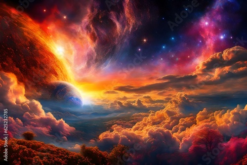 A mind altering hallucinogenic sunrise seen in a multidimensional dreamlike realm,   and visually stimulating     transcendent rising quasars and nebulas in the sky. generated by AI tools ©  ALLAH LOVE