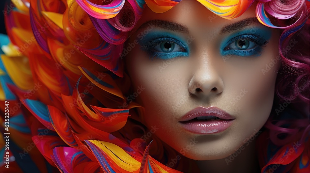 Fototapeta premium Fashion portrait of neon makeup. Generative AI