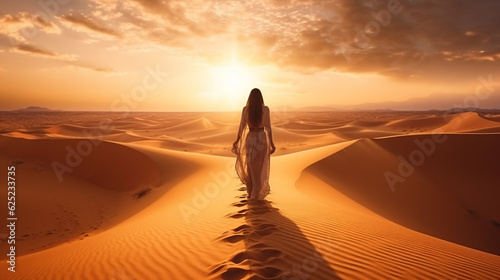 Fotografia woman walking in the desert dunes of Egypt