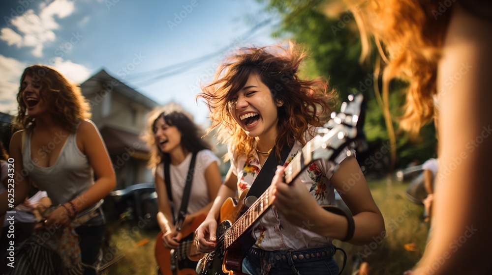 Young Women with friends Having a Very Good Time at Outdoor Concert, Bathed in Afternoon Light, Ai generative
