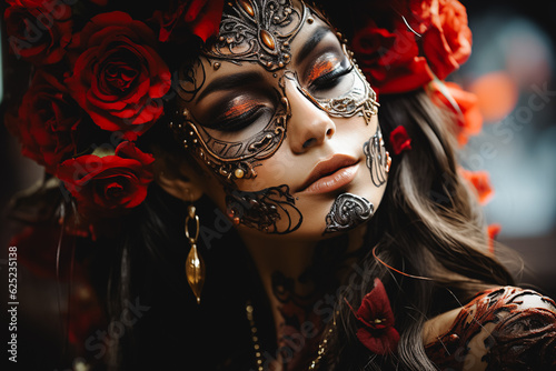 person in mask, woman Catrina costume. Day of the Dead, Mexican holiday Day of the Dead and Halloween. woman with closed eyes © Jose Laguna