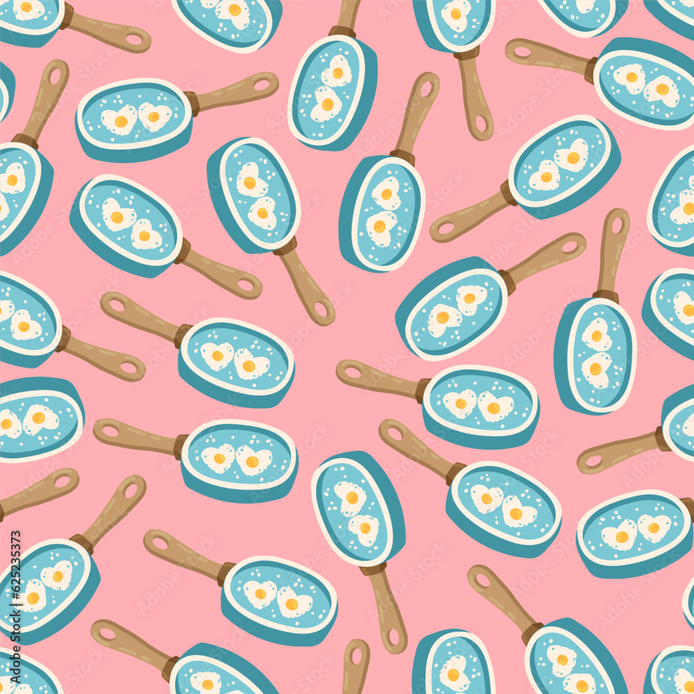 heart shaped scrambled eggs in a frying pan vector seamless pattern. Valentine Day lovers breakfast Romantic texture background. heart shaped scrambled eggs in a frying pan vector seamless pattern. Valentine Day lovers breakfast Romantic texture background.