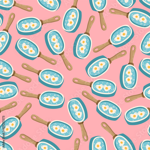 heart shaped scrambled eggs in a frying pan vector seamless pattern. Valentine Day lovers breakfast Romantic texture background.