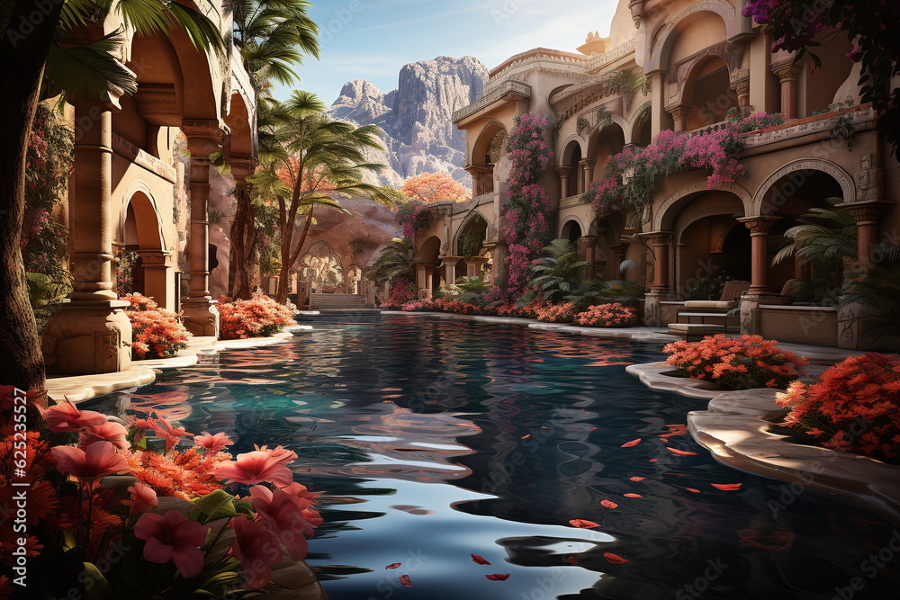Oasis with surrounding buildings in the desert with beautiful flowers, 1,  ai generated - obrazy, fototapety, plakaty 
