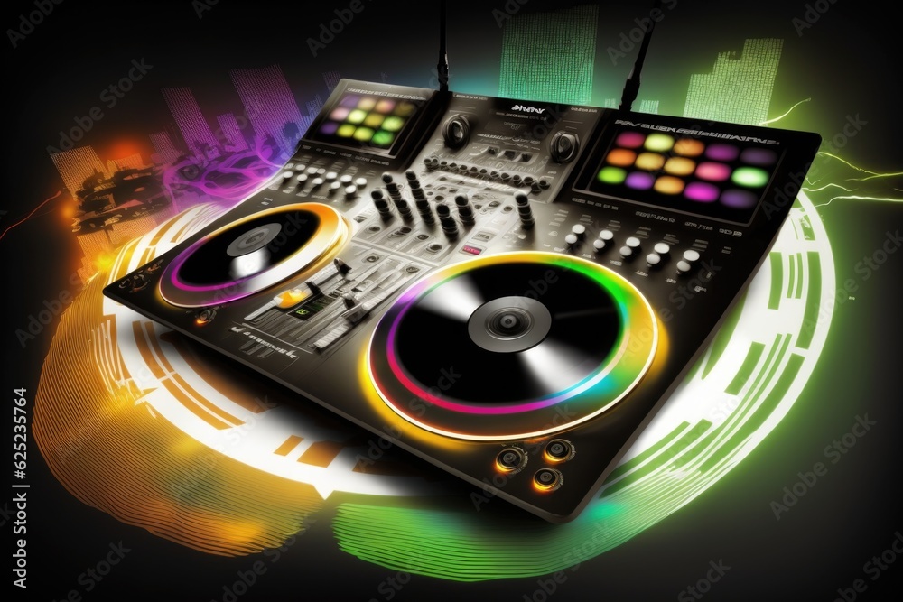 Obraz premium Dj mixer in digital color background with lights and bokeh
