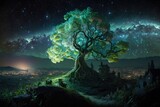 Fantasy landscape with old tree and night sky
