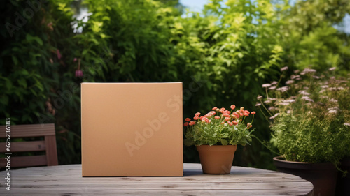 mockup large brown box on a garden table made with generative ai