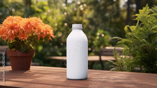 opaque white round bottle mockup on a garden table made with generative ai