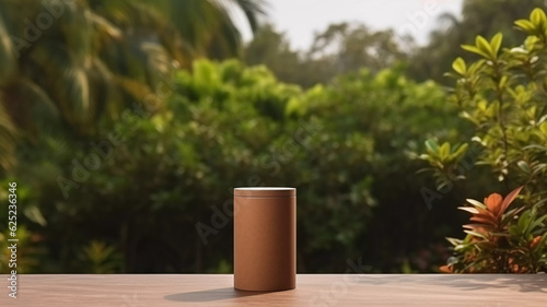 mockup of tall cylinder brown box on a garden table made with generative ai