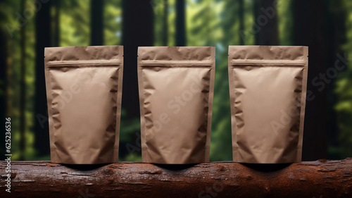 kraft brown pouches mockup on a forest log made with generative ai photo