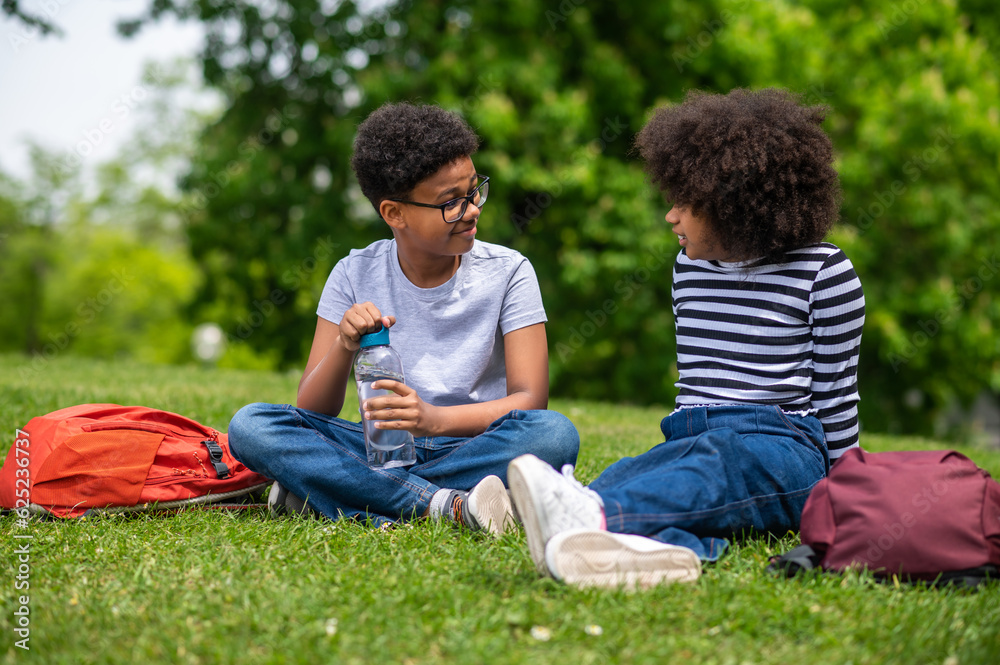 Two african american kids sitting on the grass in the park Two african american kids sitting on the grass in the park